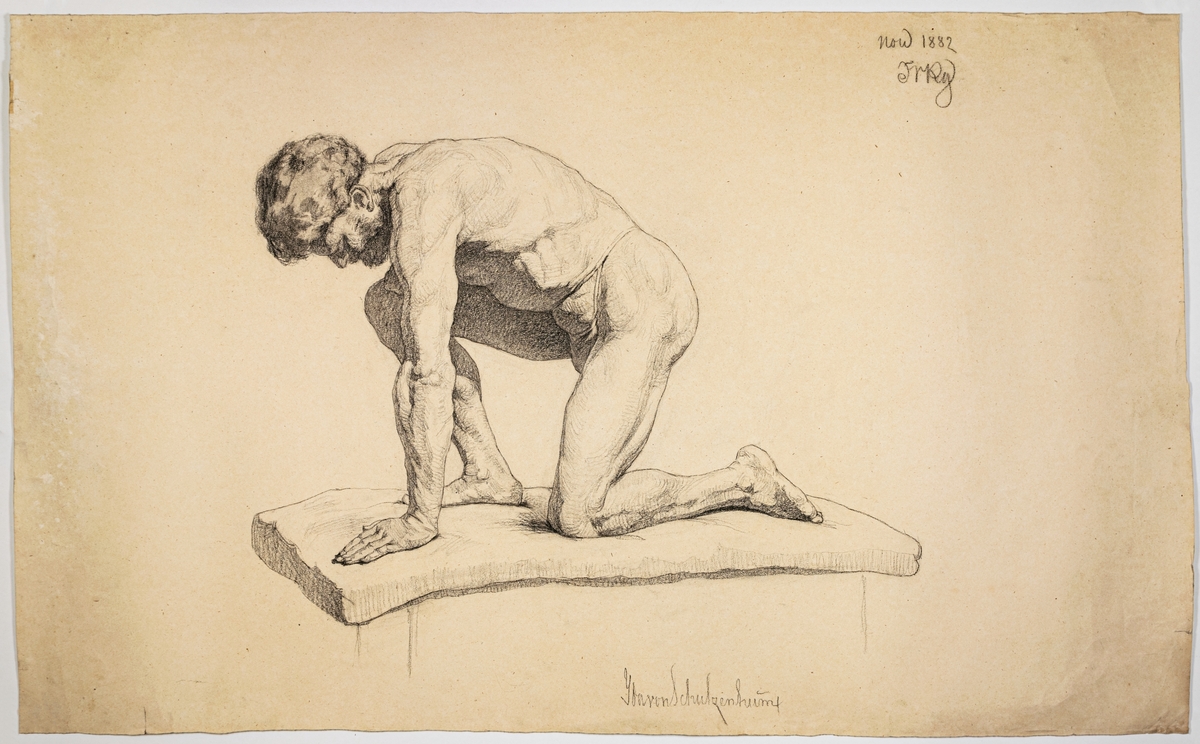 Modellstudie, man stående på ett knä på madrass.Kol på papper, signerad Ida von Schulzenheim. 
Ytterligare påskrift: Nov 1882 FrRg.