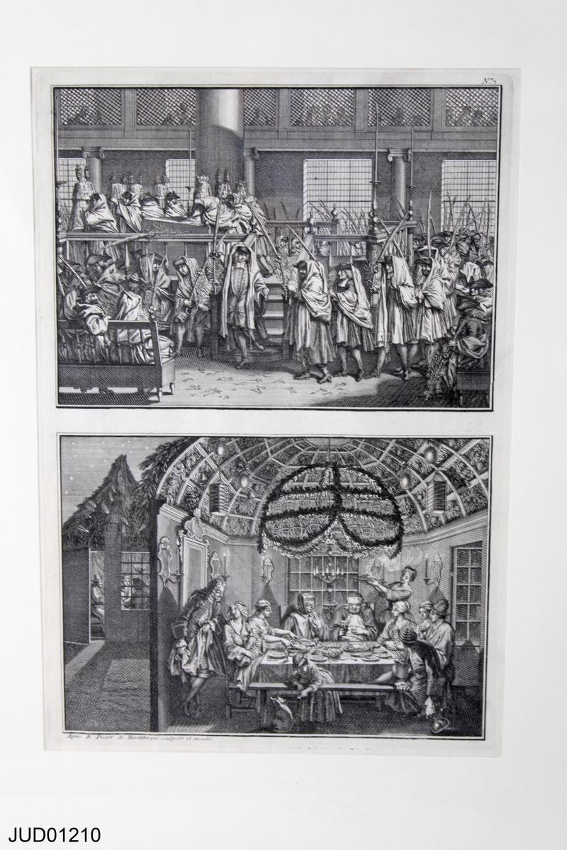 Inramade etsningar ur Picarts serie. Motiv föreställande portugisiska synagogan i Amsterdam och ceremonier.