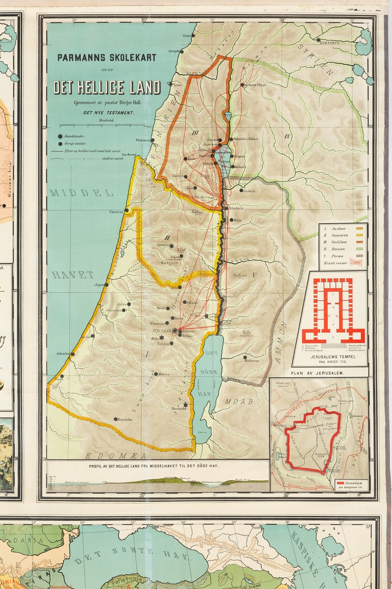 Tredelt kart over det historiske Israel og Middelhavsområdet. Papir på lerret, rullet opp på trestokk.