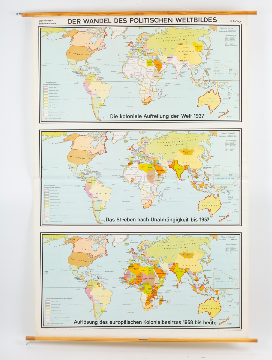 Skolekart, verdenskart som viser ressurser, klima, topografi m.m. Montert på to rundstokker.