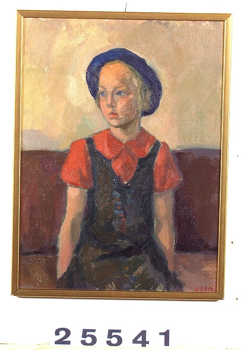 Porträtt av ung flicka i lila hatt [Målning]