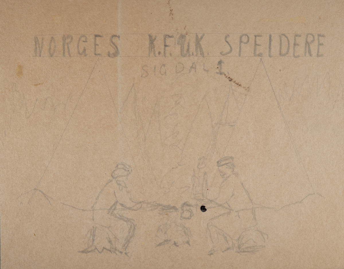 Skisse, antagelig utkast til banner, for Norges KFUK-speideres avdeling i Sigdal. Verso et landskap med seterbu.