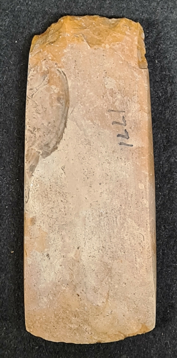 11 132: Funnen vid Flo klev, Flo socken, Västergötland.

Yxa flinta, tunnackig, 1 st. Rektangulär genomskärning. Slipad med slagmärken. Nött egg. L. 11,7 cm,  br. 4.7 cm