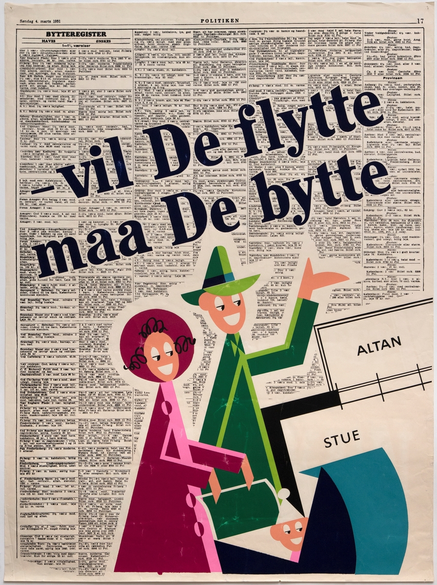 På en gjengivelse av en avisside i Politiken er en kvinne i rosa og en mann i grønn som triller et lite barn i en blå barnevogn fremstilt. Nederst til høyre er grunnplanstegninger av boliger gjengitt.