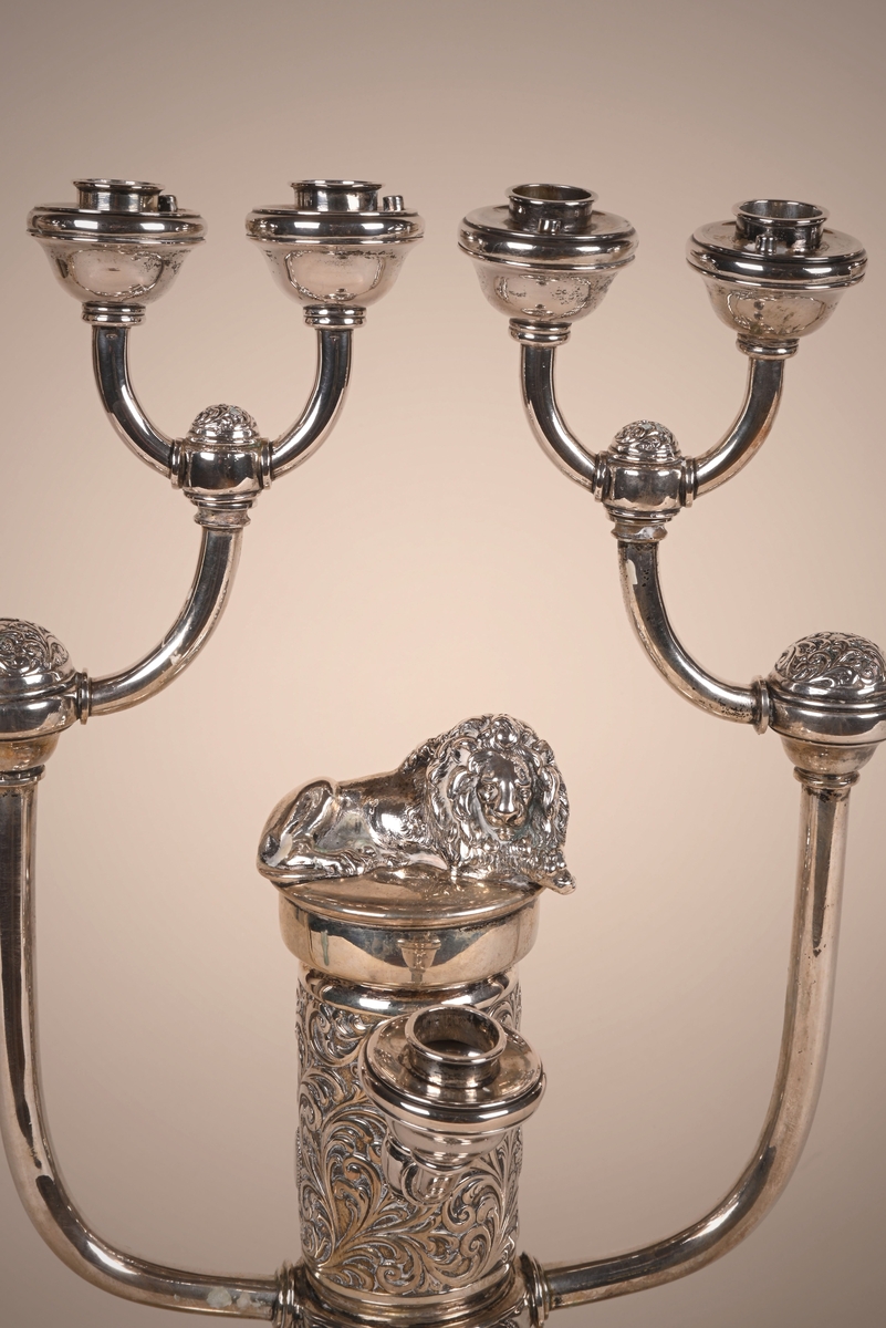 Lysestake av sølv med plass til ni lys. Basen er rund, og øverst på basen er en skulptur av en liggende løve. Bladornamenter i barokkstil er inngravert i seksjoner over hele lysestaken.