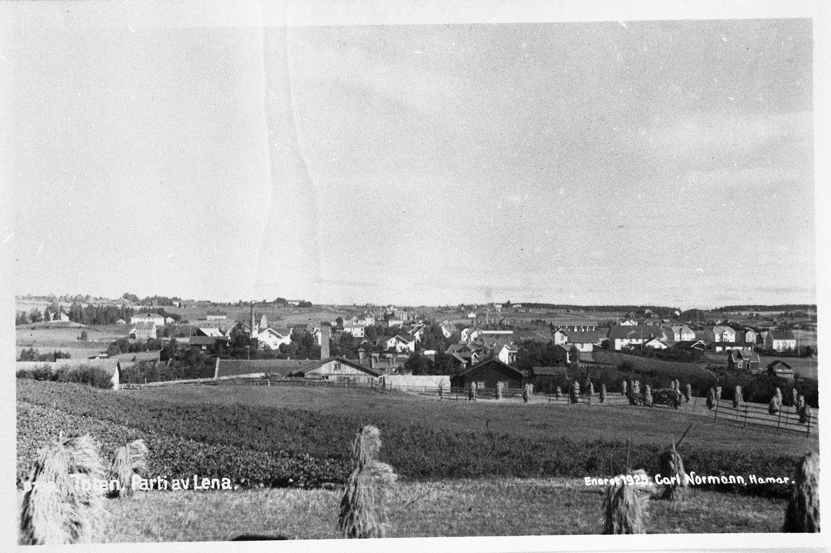 Postkort med utsikt over Lena 1925.
Bildet er tatt fra syd mot nord. Fotografens standplass har vært jordet til Fossheim. Vi ser korn på råstaur. Garver Hagens hus til venstre, Gjerstad Brenneri i forgrunnen.