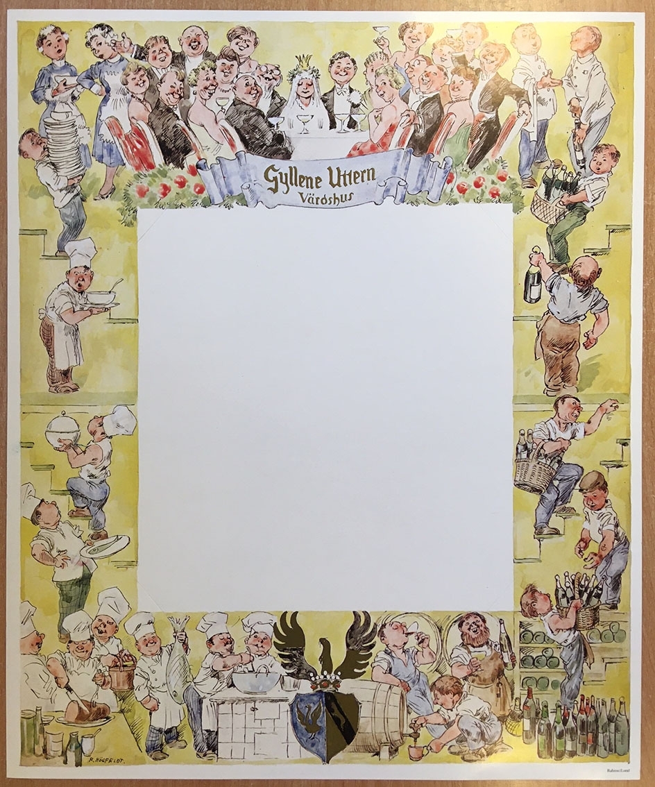 Två illustrerade ark på lite kraftigare papper med plats för att fästa en meny. Illustrerade med serveringspersonal, dukade bord med gäster i en humoristiskt ton, av Robert Högfeldt.