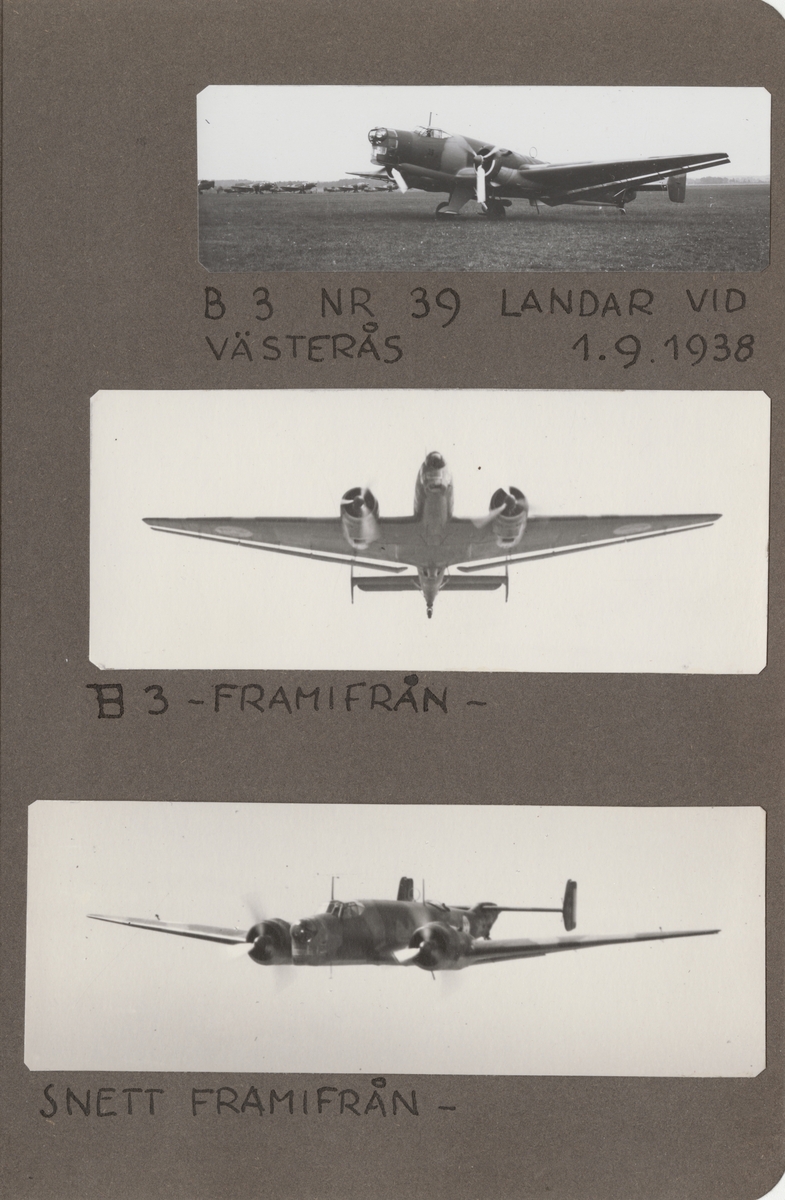 Flygplan B 3, Junkers Ju 86K i luften. Flygbild, vy nedifrån.

Text vid foto: "B 3 - framifrån."