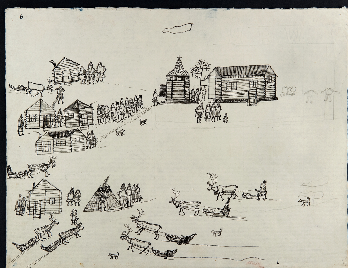 Teckning av Johan Turi. "Skilda lappmarker". Människor i samisk dräkt samlas i bebyggelse med kyrka och andra hus. Några kommer i akkja dragen av ren. L.A. 874 nr. 5.