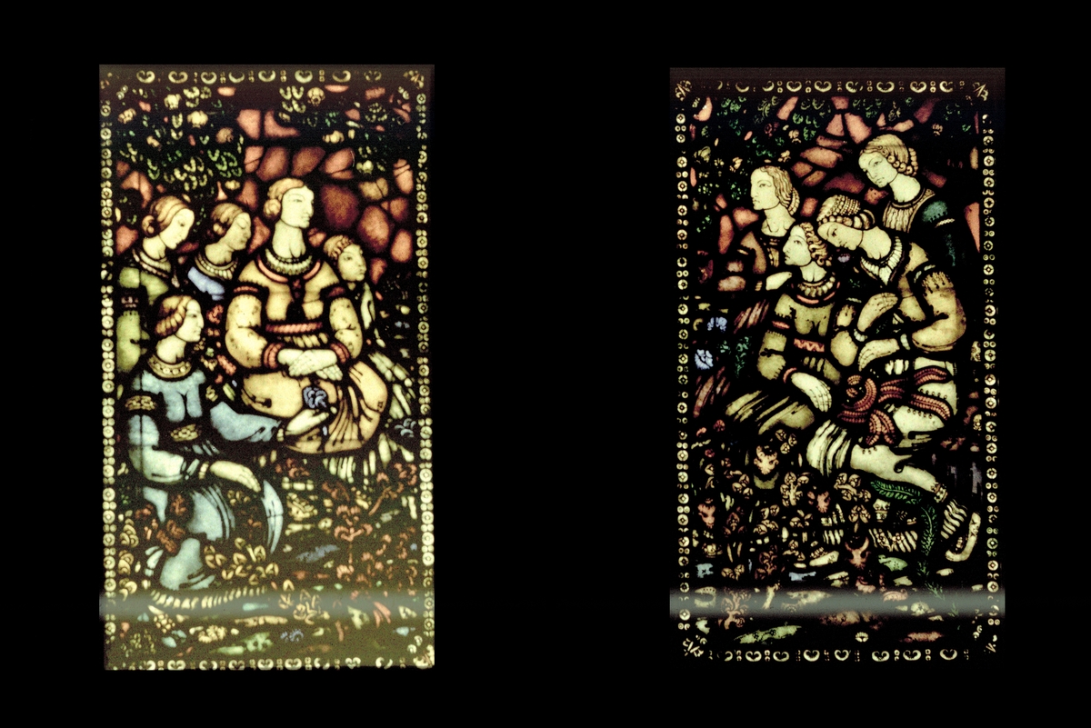 Detaljer fra glassmaleriet "Musiken" av Emanuel Vigeland, NTH. Tilhører Arkitekt Hans Grendahls samling av stereobilder. To motiv på en plate.