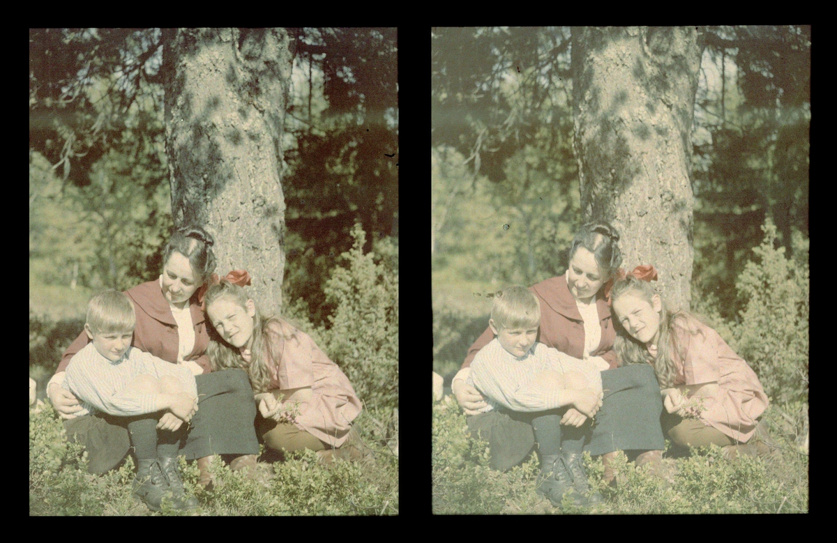Portrett i miljø av mor og barn. Fotografens private minnebilde. Tilhører Arkitekt Hans Grendahls samling av stereobilder.
