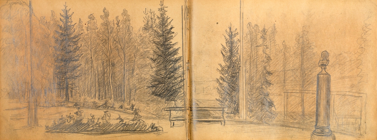 Skissebok med blyanttegninger av Knud Bergslien. 76 sider. Enkelte av tegningene går over dobbel side.
