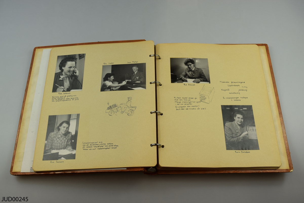 Fotoalbum i brunt skinn med kommentarer och illustrationer. Till Gunnar Josephson den 25/7 1949 från medarbetarna i Mosaiska församlingen. Komponerat och ritat av Rut Ehnwall. Fotograferat av Hans Marosi.