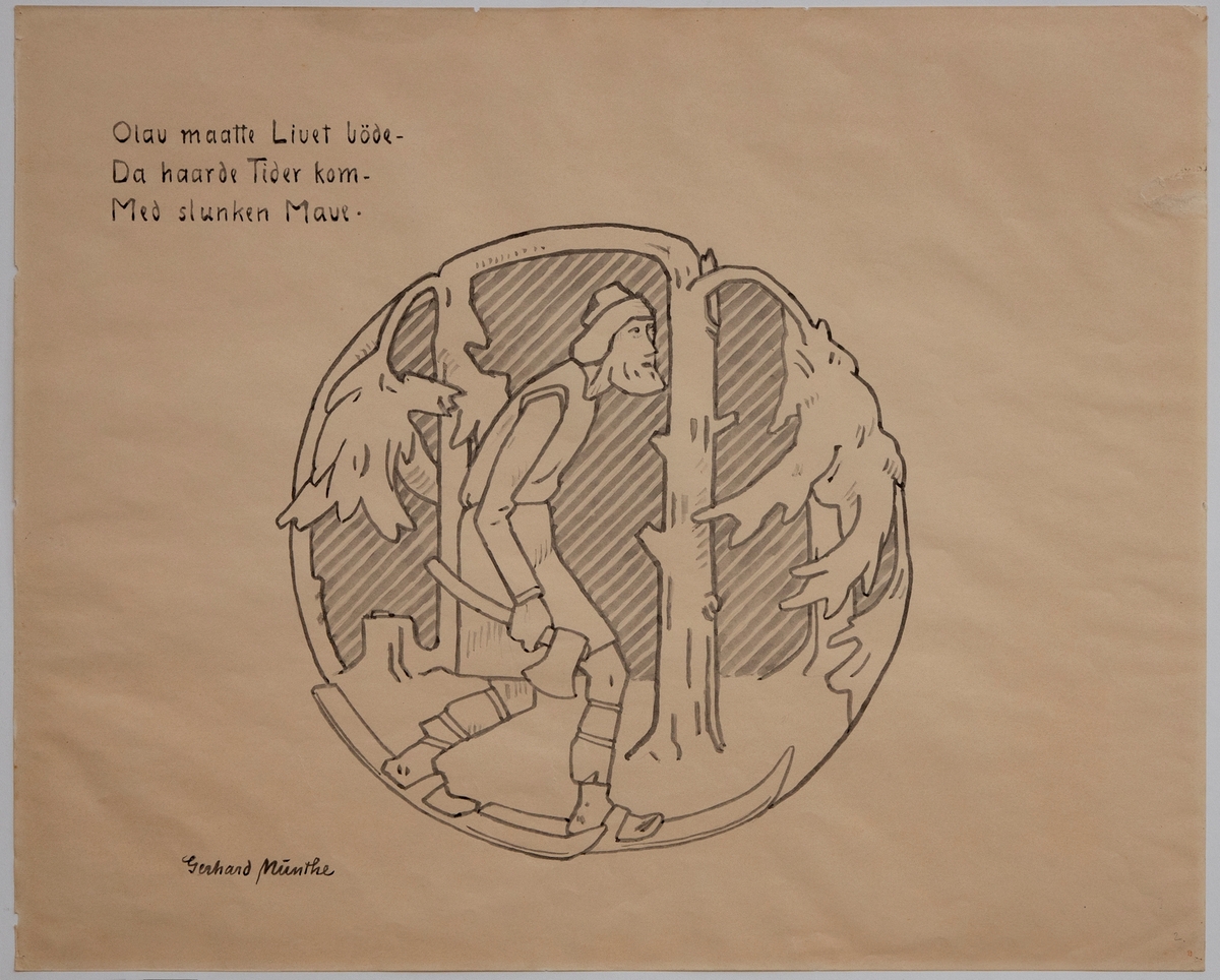 I et sirkelformet billedfelt er det fremstilt en mann som går på ski i en skog. Mannen holder en øks i sin høyre hånd. Gjengitt uten skrift i Snorre Sturlassons Kongesagaer 1899, s. 36 (Ynglingesaga).