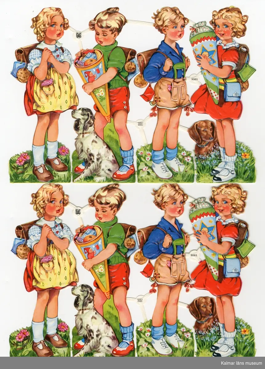 Blondlockiga barn; pojke i lederhosen, flicka i röd klänning med godisstrut alt. pojke med godisstrut, flicka i gult förkläde. Fyra varainter, två av varje.