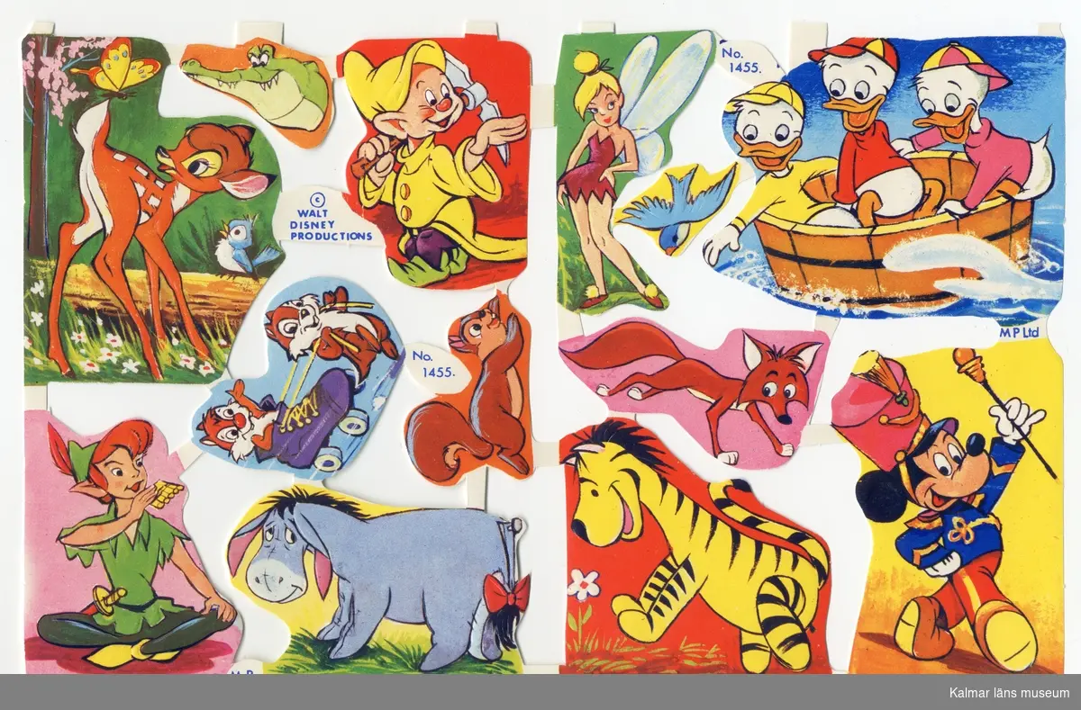 Disney-figurer ur Bambi, Peter Pan, Snövit, Piff & Puff, Nalle Puh, Kalle Anka, Musse Pigg.