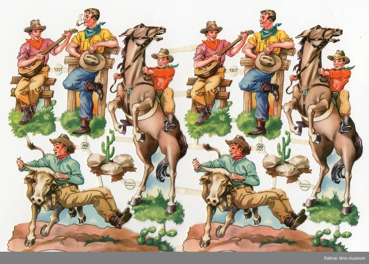 Cowboys som spelar gitarr, röker pipa, sitter på en stegrande häst och fångar en tjur plus en kaktus. Fem olika motiv, två av varje.