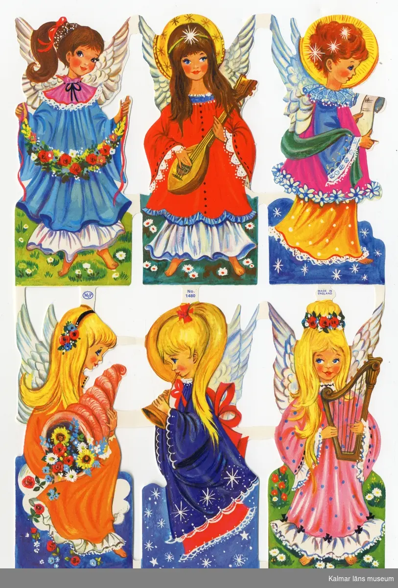 Änglar i moderna i färggranna kläder med blomstergirlang, mandolin, ymnighetshorn eller harpa. Sex olika motiv.
