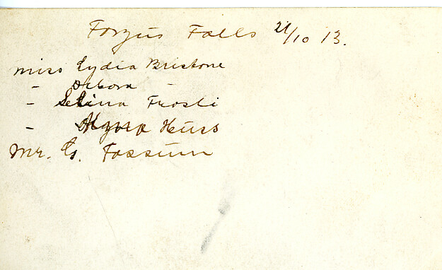 Fergus Falls 21.10.1913.  For identifisering, sjå bak på bilde 2