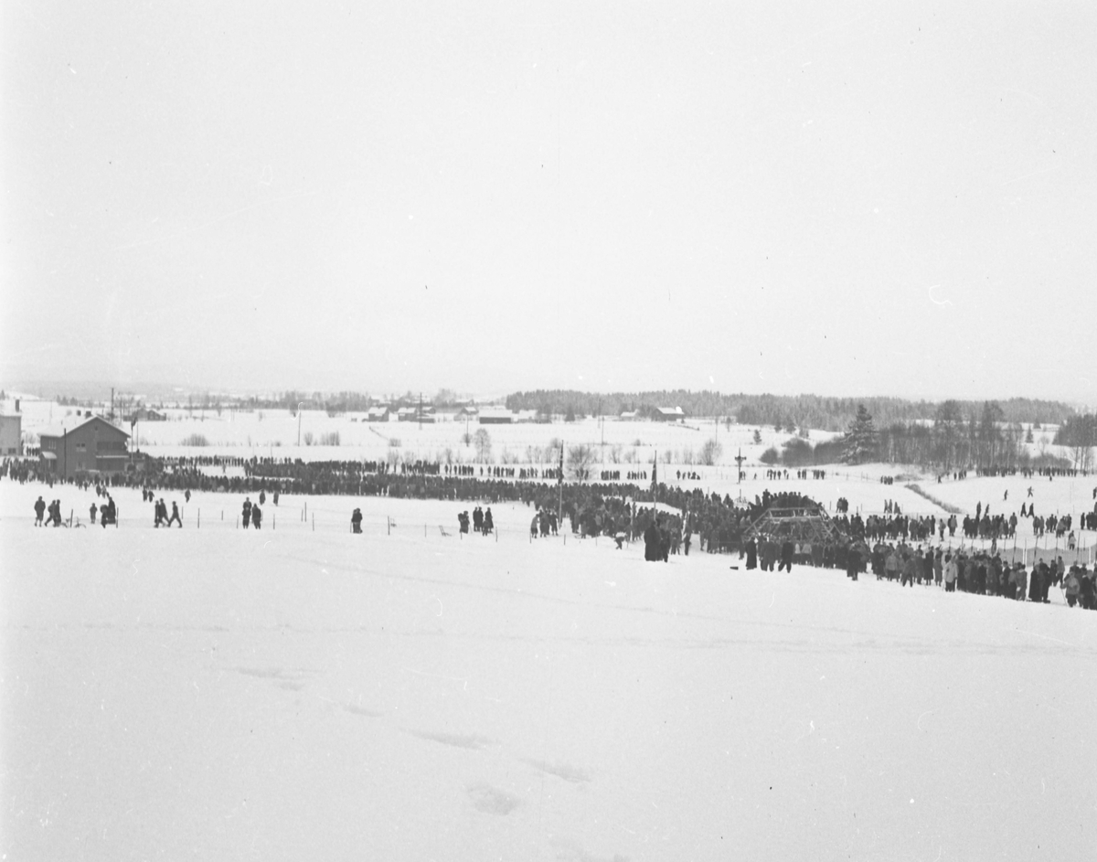 Vinterlandskap. Mange mennesker samlet, både med og uten ski.