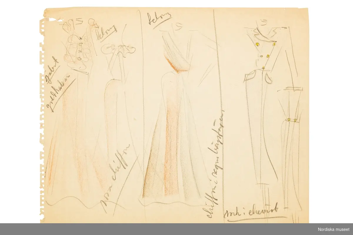 Modeskisser utförda av Pelle Lundgren (1896-1974) kreatör, från 1923 förste försäljare och senare ateljéchef på NK:s Franska damskrädderi. Från 1965 till stängningen av verksamheten 1966 var han disponent. Pelle Lundgrens minnesskisser från de kända modehusen i Paris är tecknade efter visningarna, i ritblocket eller på det som fanns till hands – som hotellets brevpapper. De snabba skisserna inspirerade ateljéns egna modeller. Här ses teckningar utförda våren 1937 med plagg från exempelvis Schiaparelli, Patou, Molyneux, Paquin, Francevramant, Rouff, Rochas, Mainbocher, Vionnet, Lanvin och Lelong.