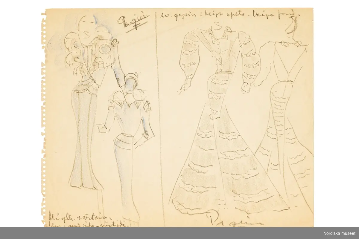 Modeskisser utförda av Pelle Lundgren (1896-1974) kreatör, från 1923 förste försäljare och senare ateljéchef på NK:s Franska damskrädderi. Från 1965 till stängningen av verksamheten 1966 var han disponent. Pelle Lundgrens minnesskisser från de kända modehusen i Paris är tecknade efter visningarna, i ritblocket eller på det som fanns till hands – som hotellets brevpapper. De snabba skisserna inspirerade ateljéns egna modeller. Här ses teckningar utförda hösten 1939 med plagg från exempelvis Rochas, Molyneux, Paquin, Jaeger, Rouff, Mainbocher, Vionnet, Lanvin, Stiebel och Balenciaga.