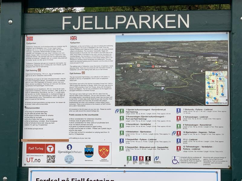 Bilde av eit skilt som står ved parkeringsplassen som visar turar i Fjellparken - området rundt Fjell Festning.