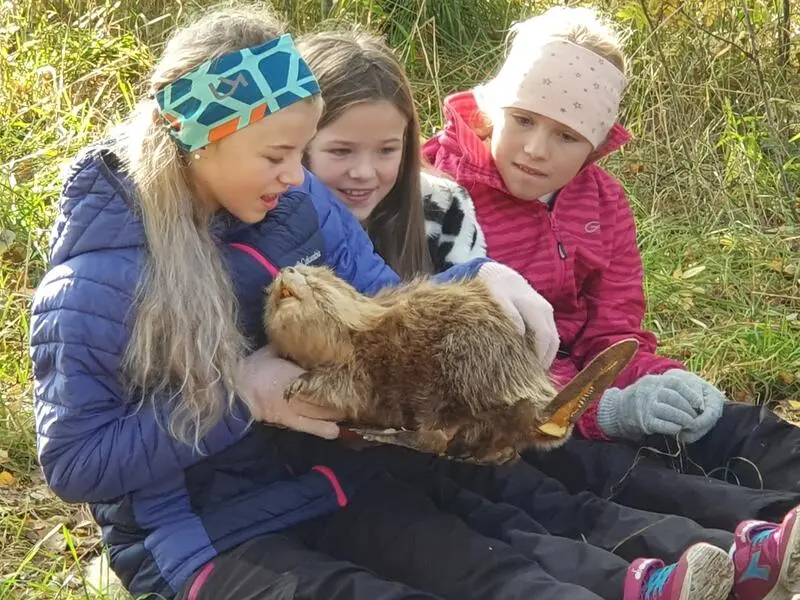 Foto av tre barn som sitter på bakken i skogen med en utstoppa bever i fanget