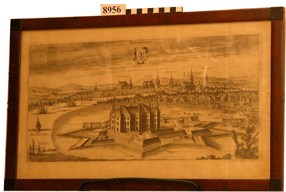 Motiv över Norrköpings stad på 1700-talet. Signerat J. V. D. Aveelen. Se Holmiae 1706.
