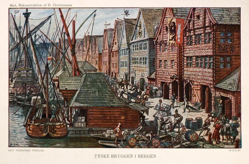 Bildet viser et maleri og rekonstruksjon av hvordan Bryggen i Bergen var historisk.