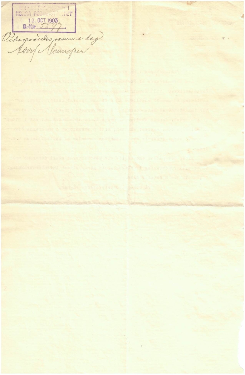 Brevet är svar på en framställan om att få rekvirera en vargskinnspäls till postkontoret i Haparanda för att användas av postbetjänten G.W. Green. Framställan beviljades.

Nr. 10978 / 2601

Inkom till postinspektören i Norra Distriket 12 oktober 1903.