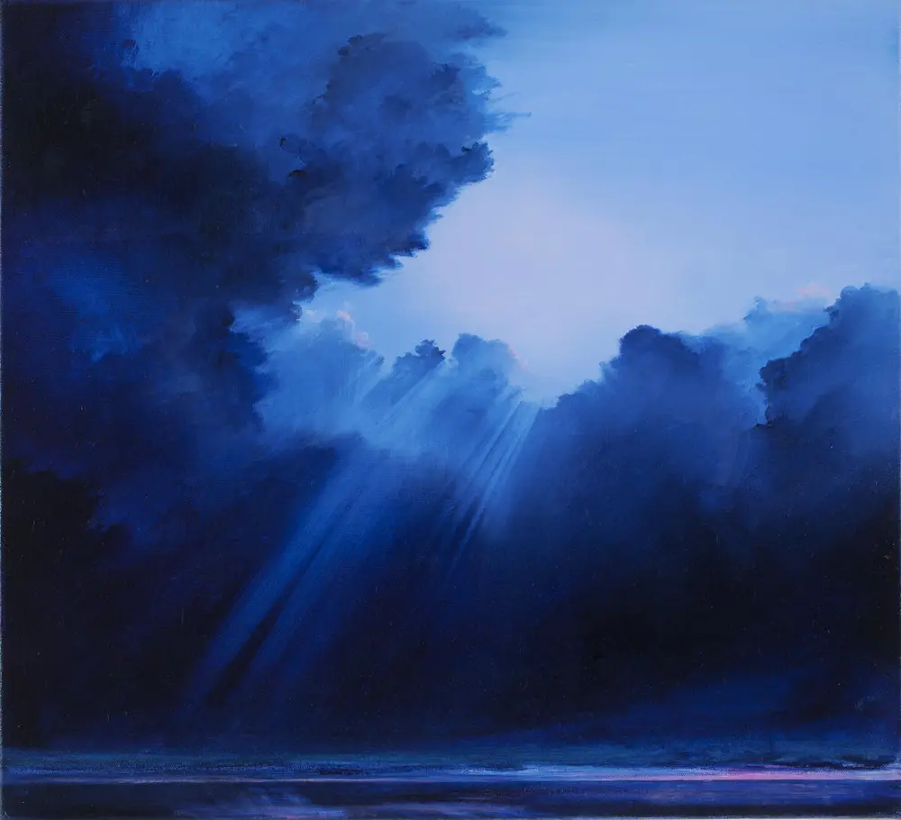 Dark Blue, kunstverk av ingeborg Stana. Mørke blå farger med landskap og himmel.