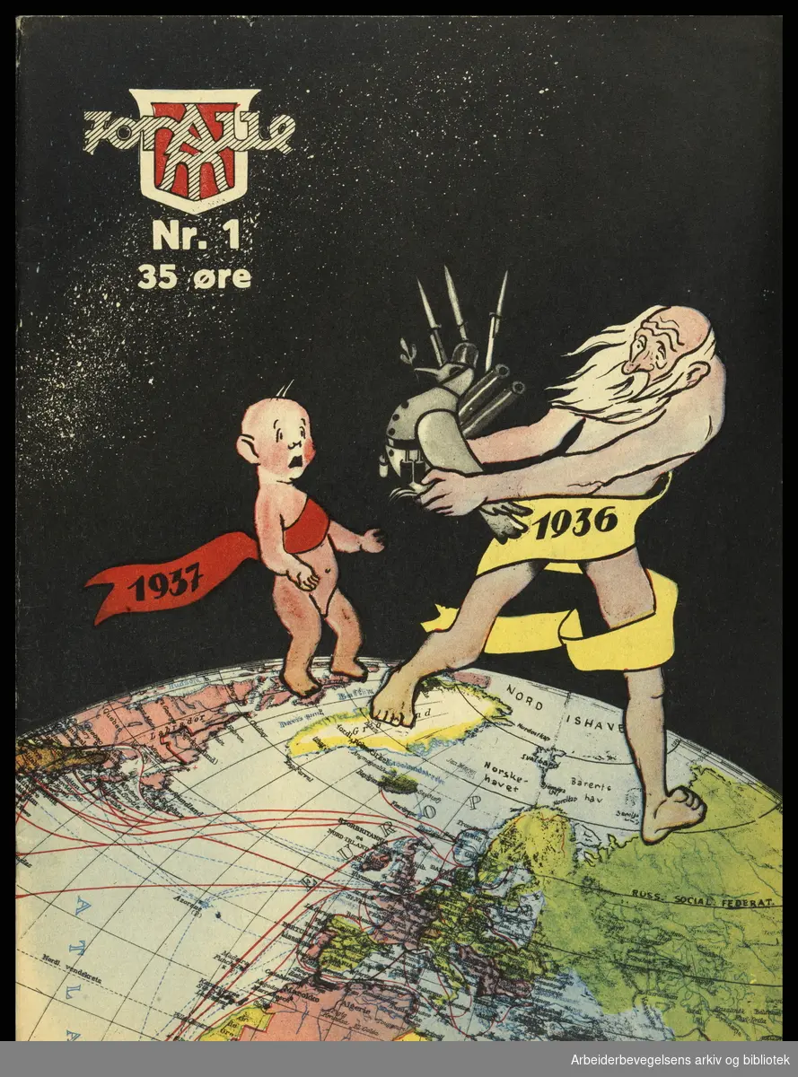 Arbeidermagasinet - Magasinet for alle. Forside. Nr. 1. 1937. Illustrasjon: Bjarne Restan.