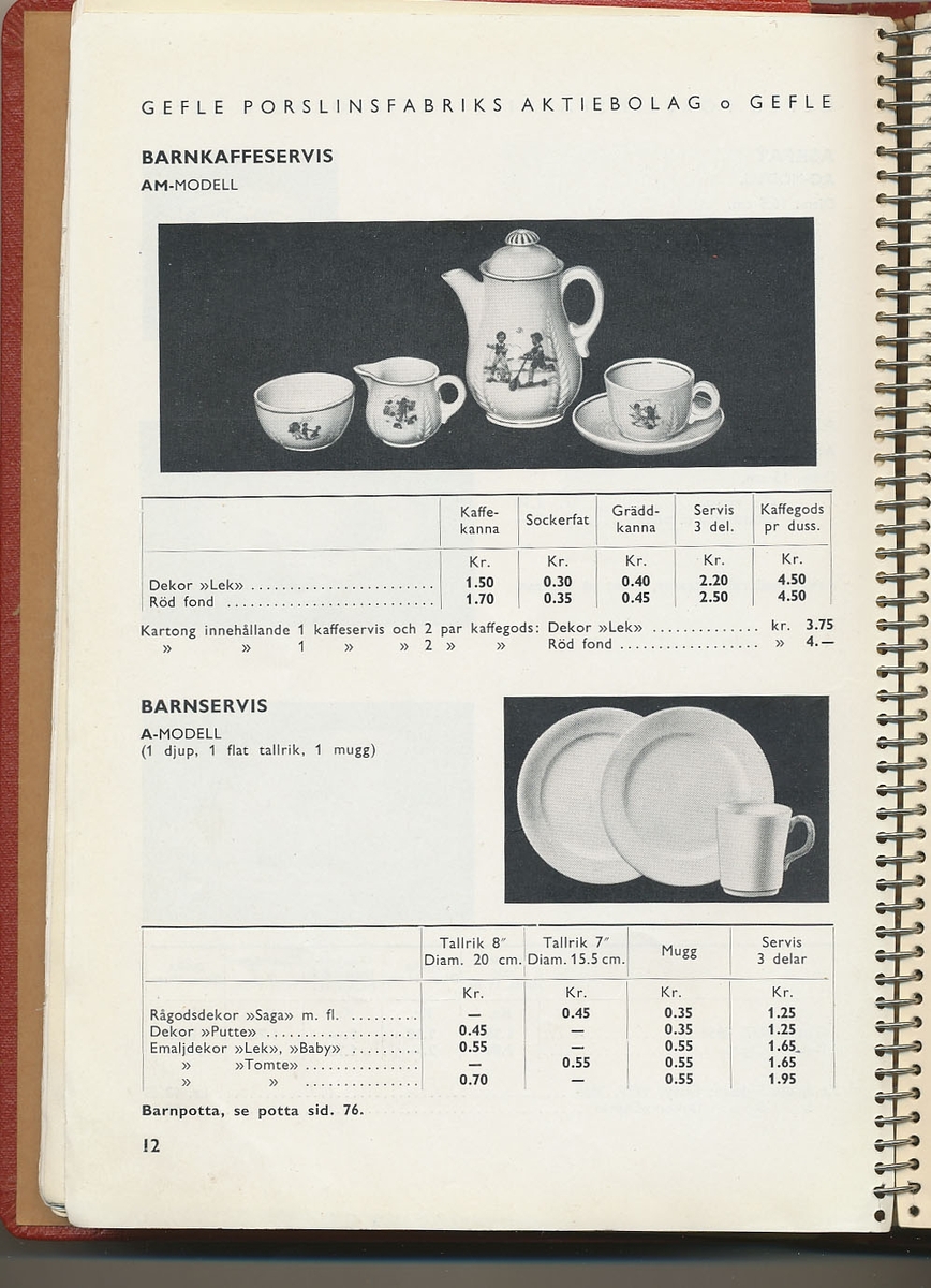 Produktkatalog, priskurant, över 1939 års produktion av keramik vid Aktiebolaget Gefle Porslinsfabrik.