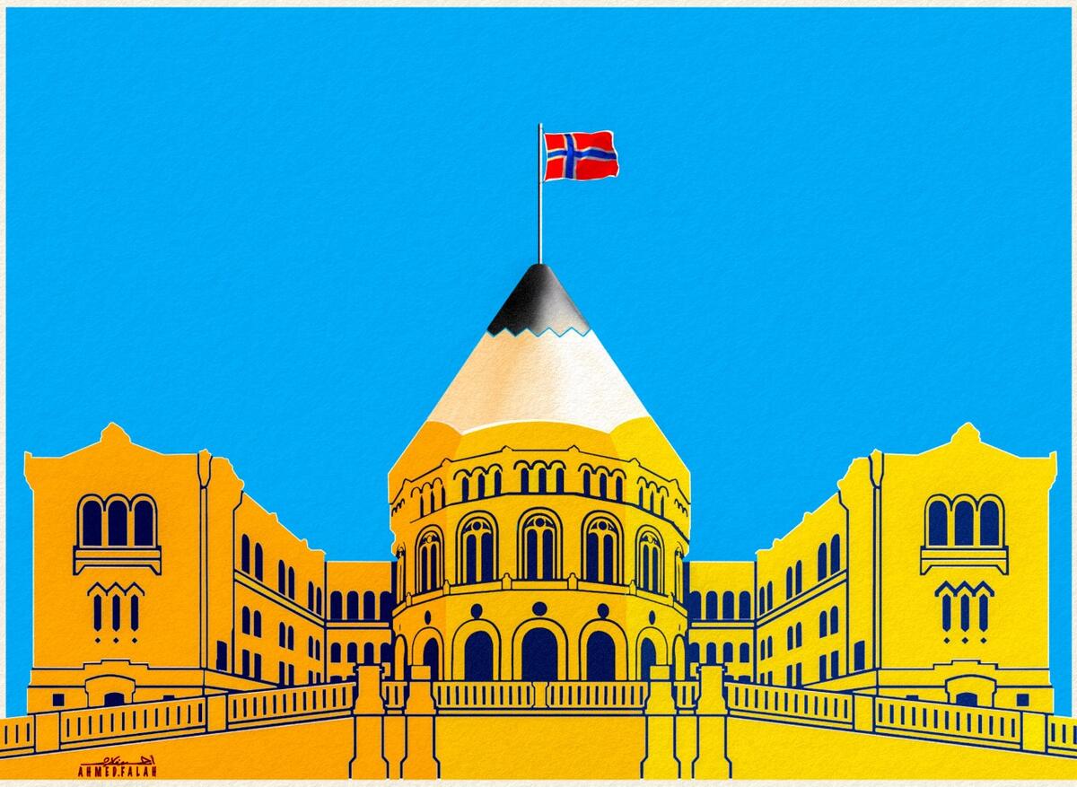 ”Avistegnernes hus på Stortinget” av Ahmed Falah. Falah har fått opphold i Norge som forfulgt satiretegner fra Irak, og ble mektig imponert over at statsledere velger å vise satiretegninger omhandlende seg selv i eget parlament. (Foto/Photo)