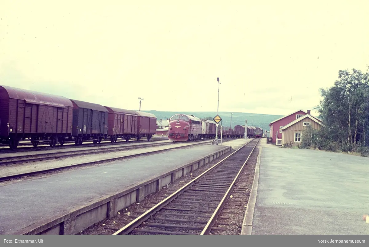 Diesellokomotiv Di 3 619 ankommer Røros stasjon med godstog