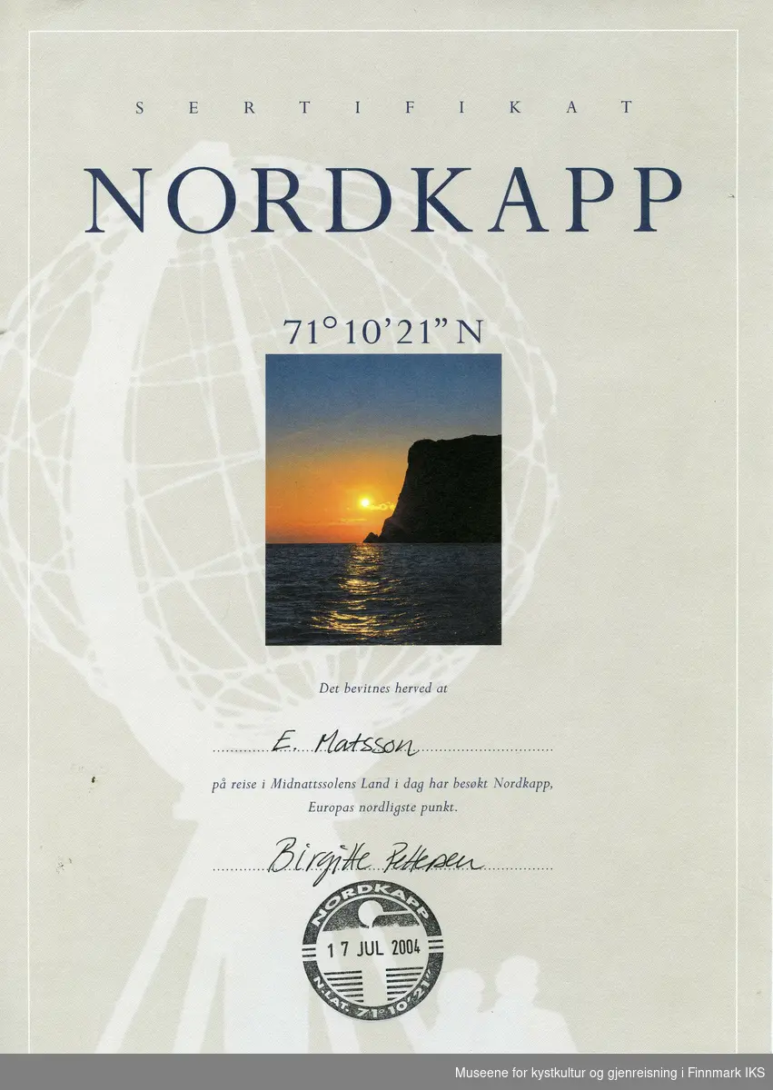 Nordkappdiplom/-sertifikat utstedt 17.juli 2004.