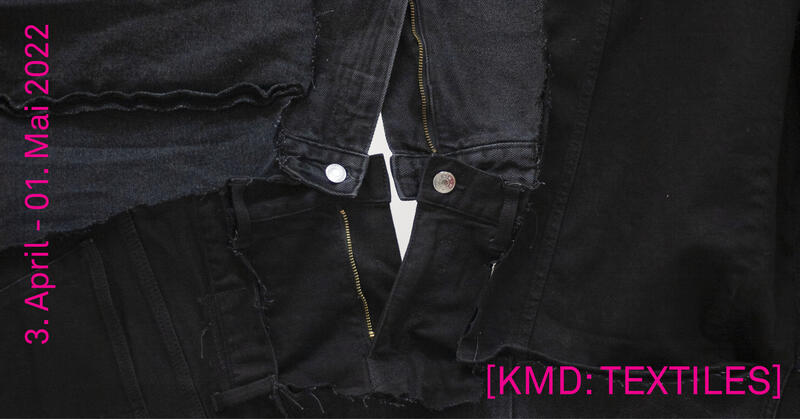 detalj av ei dongeribukse, plakat til utstillinga "KMD:TEXTILES"