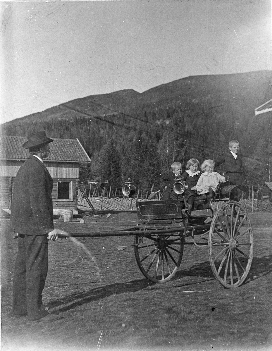 Trilletur på Frøvoll, ca. 1900-05. Fra venstre: Peder Aasand, Ingeborg Weyland (f. Aasand), Anne Aasand og Steinar Aasand.