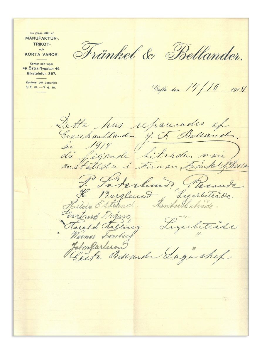 "En hälsning till upphittaren" - låda innehållande Gefle-posten, enkronasedel och ett brev från Fränkel & Bellander, 1914.