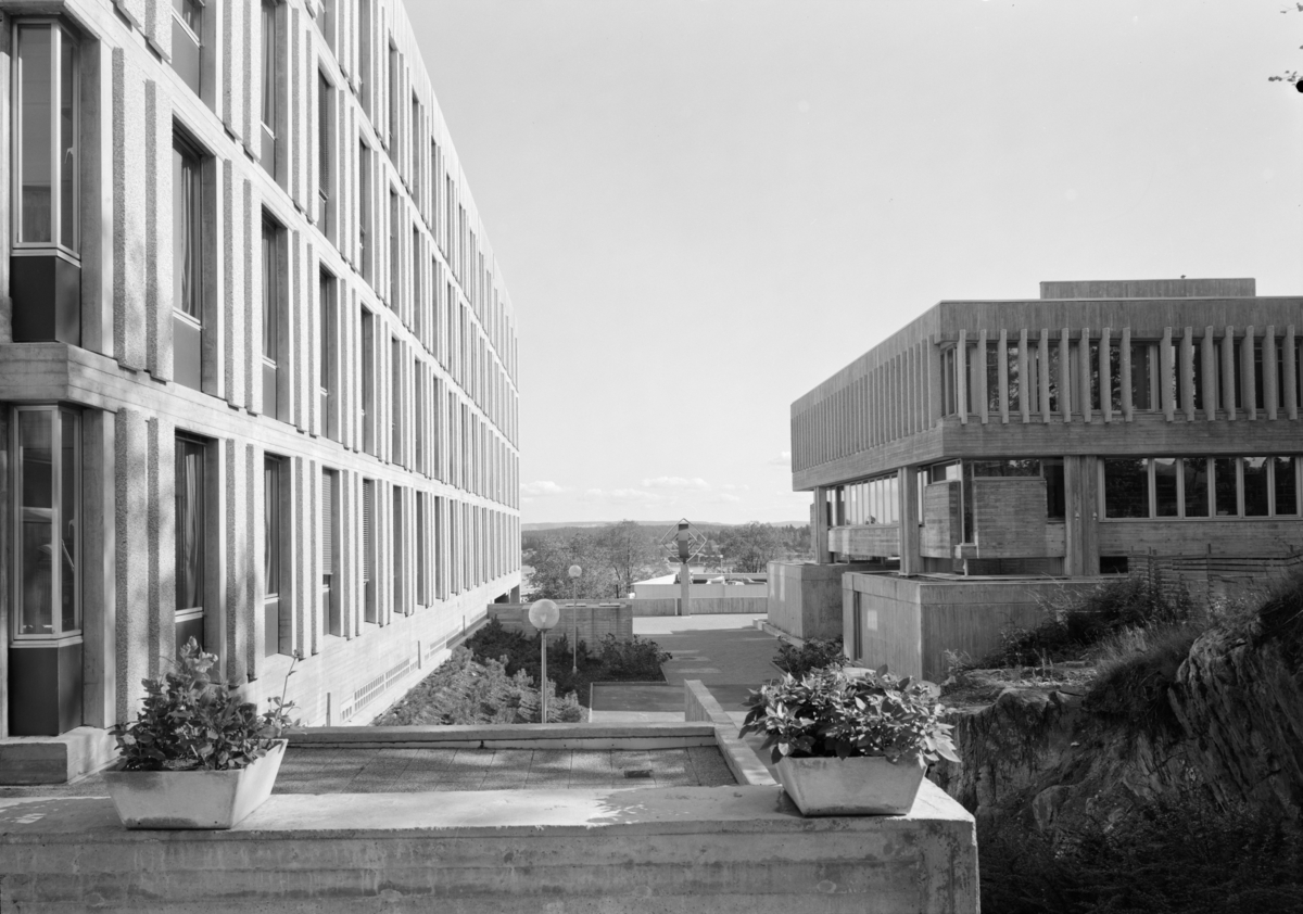 Arkitekturfoto av tinghuset i Sandvika. Bygningen er et eksempel på bruk av naken, upussa, armert betong, beton brut, som blei populært i Storbritannia på femtitallet, etter inspirasjon fra den franske arkitekten Le Corbusier.