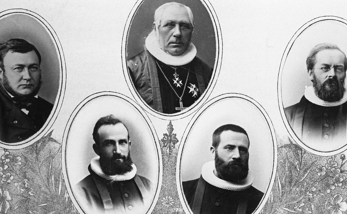 Frå venstre: Wollert Otto Konow, Jacob Caspar Sørlie, Biskop Hille, Paul Knudsen Dybsjord og Fredrik Wille
