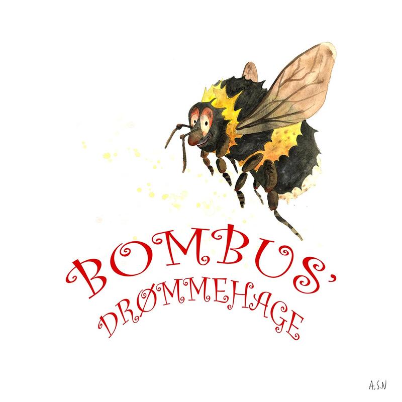 En tegning av en sort og gul bie over teksten Bombus drømmehage i rødt (Foto/Photo)