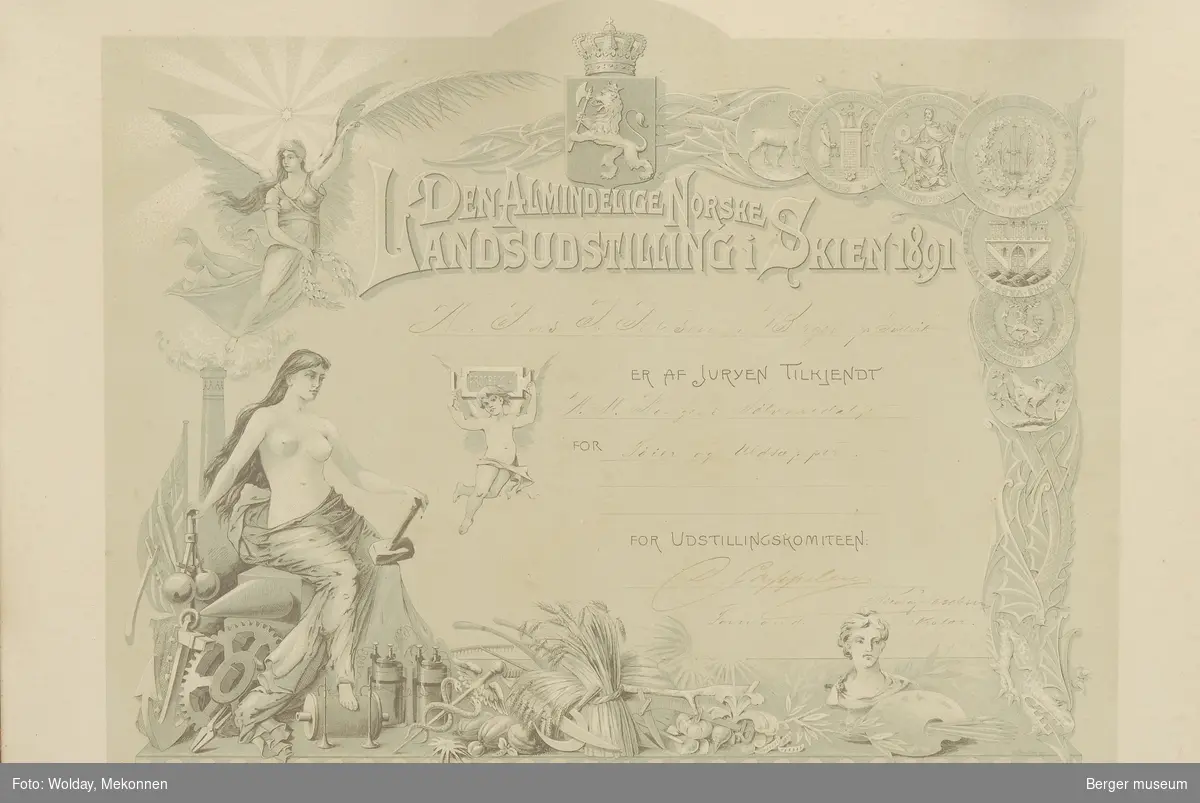 Diplom fra Den Almindelige Norske Landsudstiling i Skien 1891