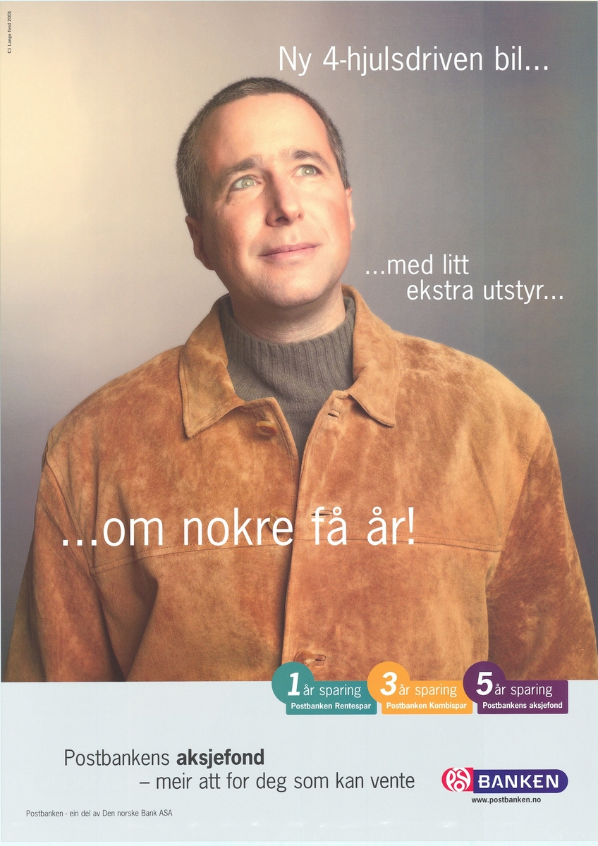Plakat med bildemotiv av en person i beige jakke og tekst. Plakaten er tosidig med tekst på bokmål og nynorsk, på hver sin side.