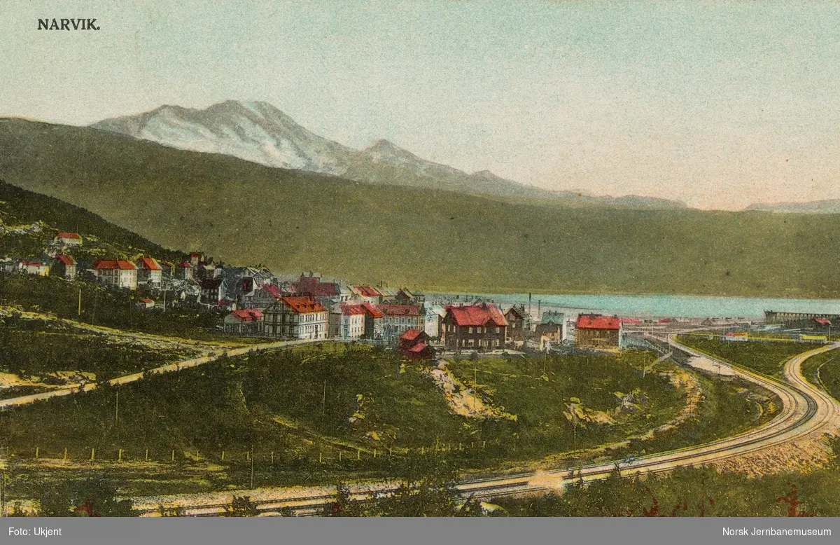 Bebyggelse i Narvik. I høyre billedkant fra venstre sporet til Narvik havn, til høyre sporet til malmbanegården