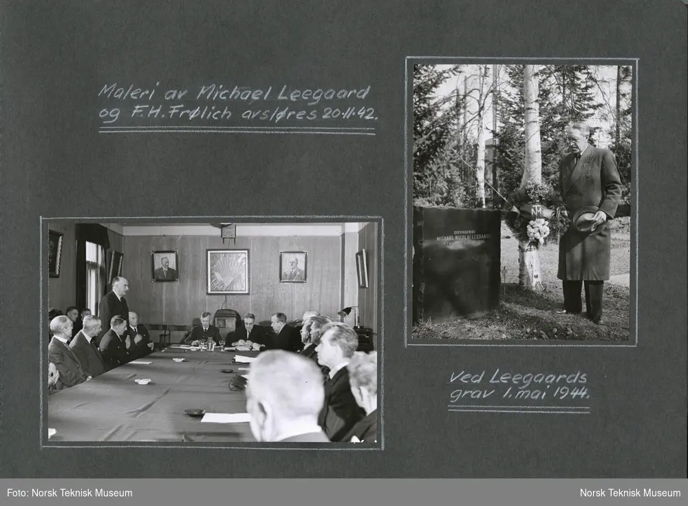 Albumblad, avduking av portretter av Michael Legaard og F.H. Frølich, 1942, og Philip Pedersen ved Legaards grav, 1944.