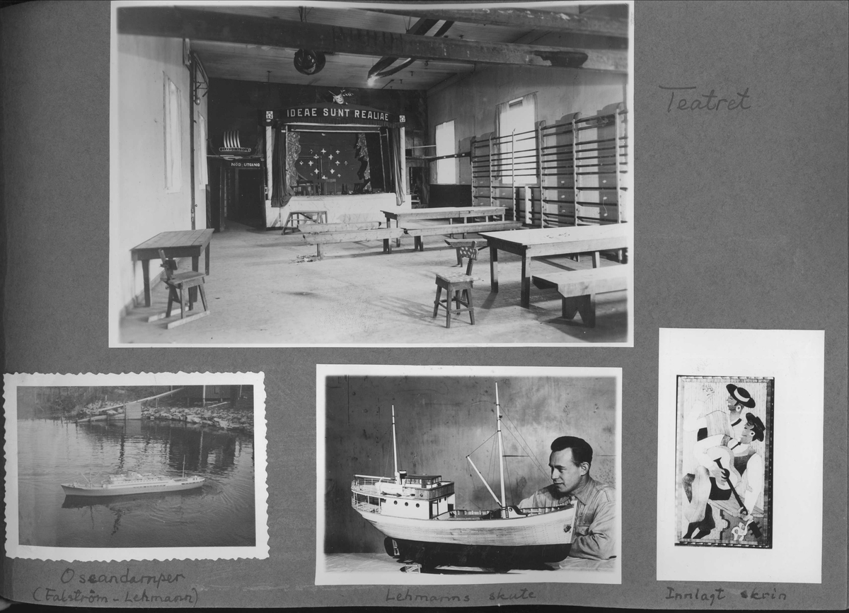 Side fra Kjeld Bugges fotoalbum. Innherad fangeleir - teateret og gjenstander fra snekkerverkstedet.