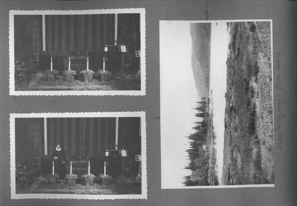 Side fra Kjeld Bugges fotoalbum. Innherad fangeleir - seremoni og skogsforlegning.