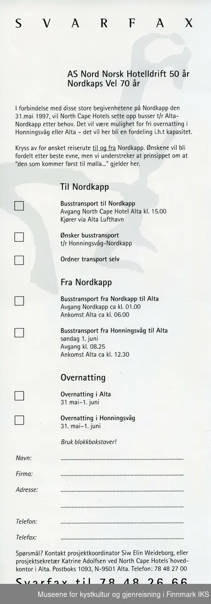 Invitasjon til en feiring på Nordkapp 31.mai 1997, utstedt til Torgunn og Odd Holmgren.